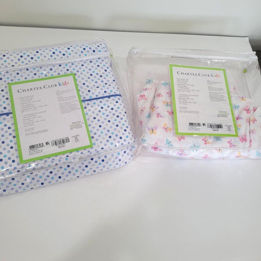 Charter Club Kids Twin Flat Sheets ONLY 100% Cotton Dot Butterfly Lot of 2 New
